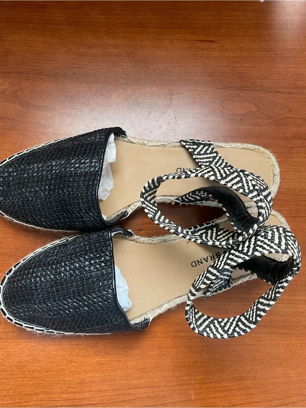 Lucky Brand Black Woven Espadrille Sandals with Ankle Tie Renka Chevron Raffia